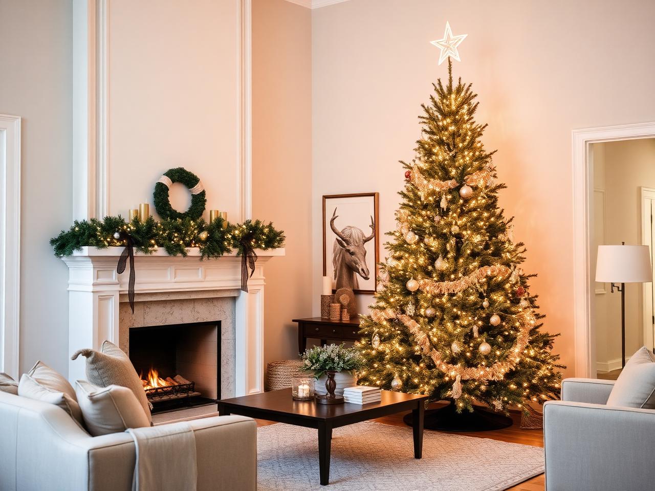 Stylish Christmas interior with tree, lights and elegant decorations