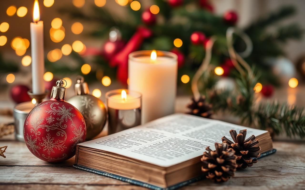 Christmas facts card with ornaments, candles and festive details
