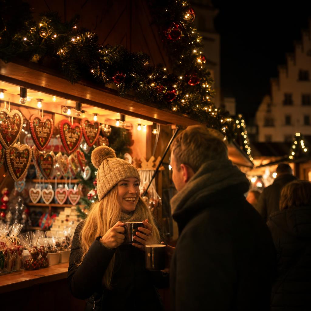 Cozy German Christmas market at dusk with warm festive lights