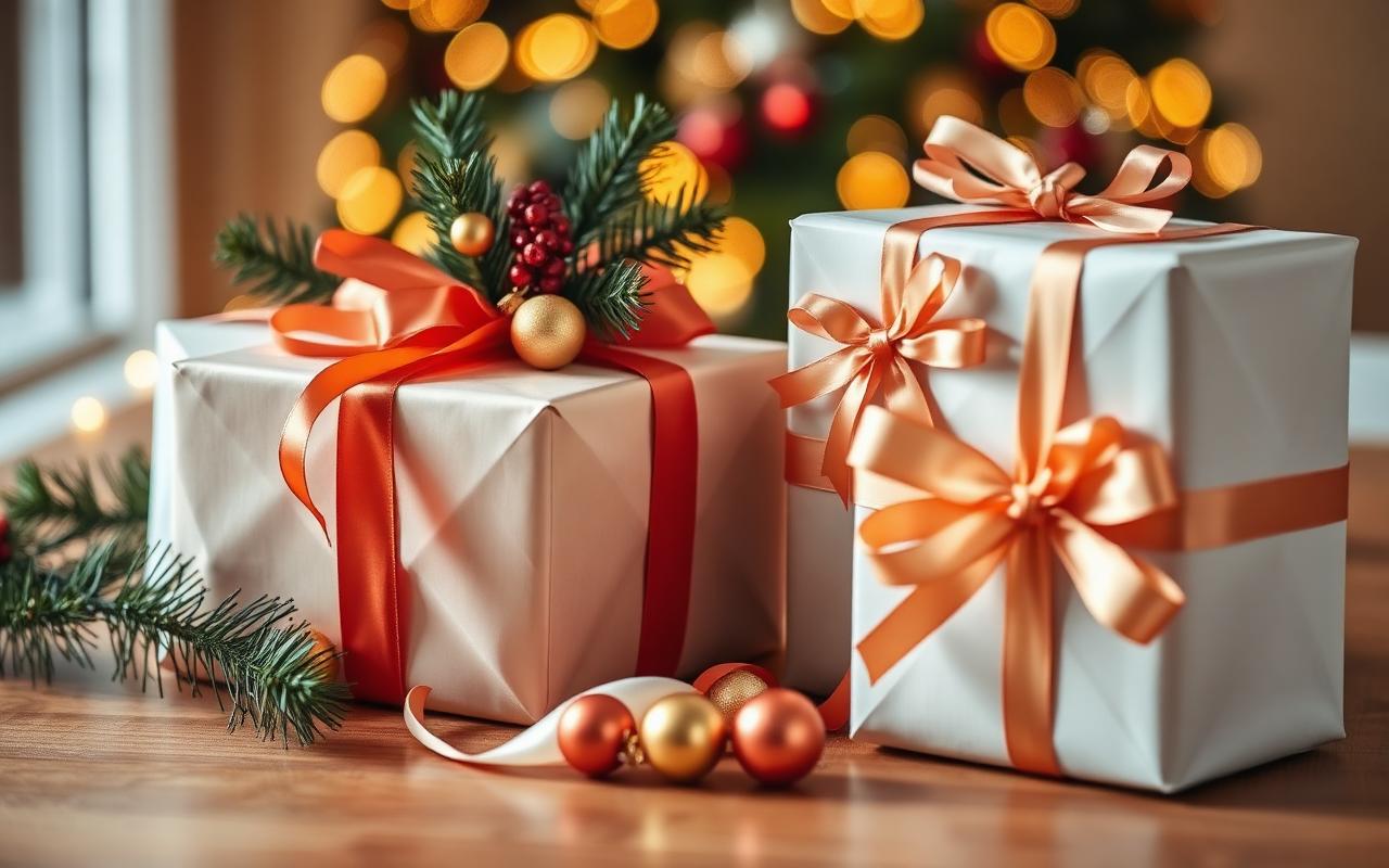 Elegant wrapped Christmas gifts with ribbons and ornaments