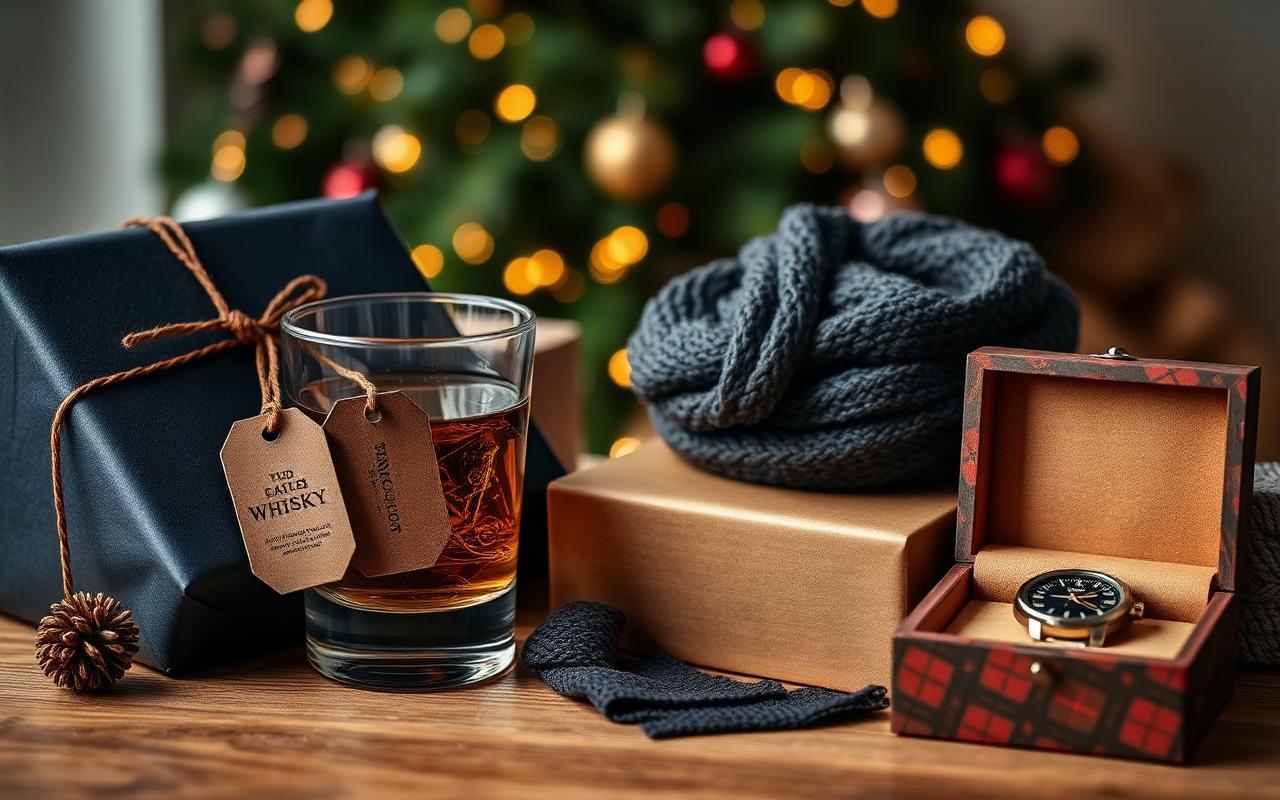 Christmas gifts for dad with wrapped presents, whiskey, scarf and watch box