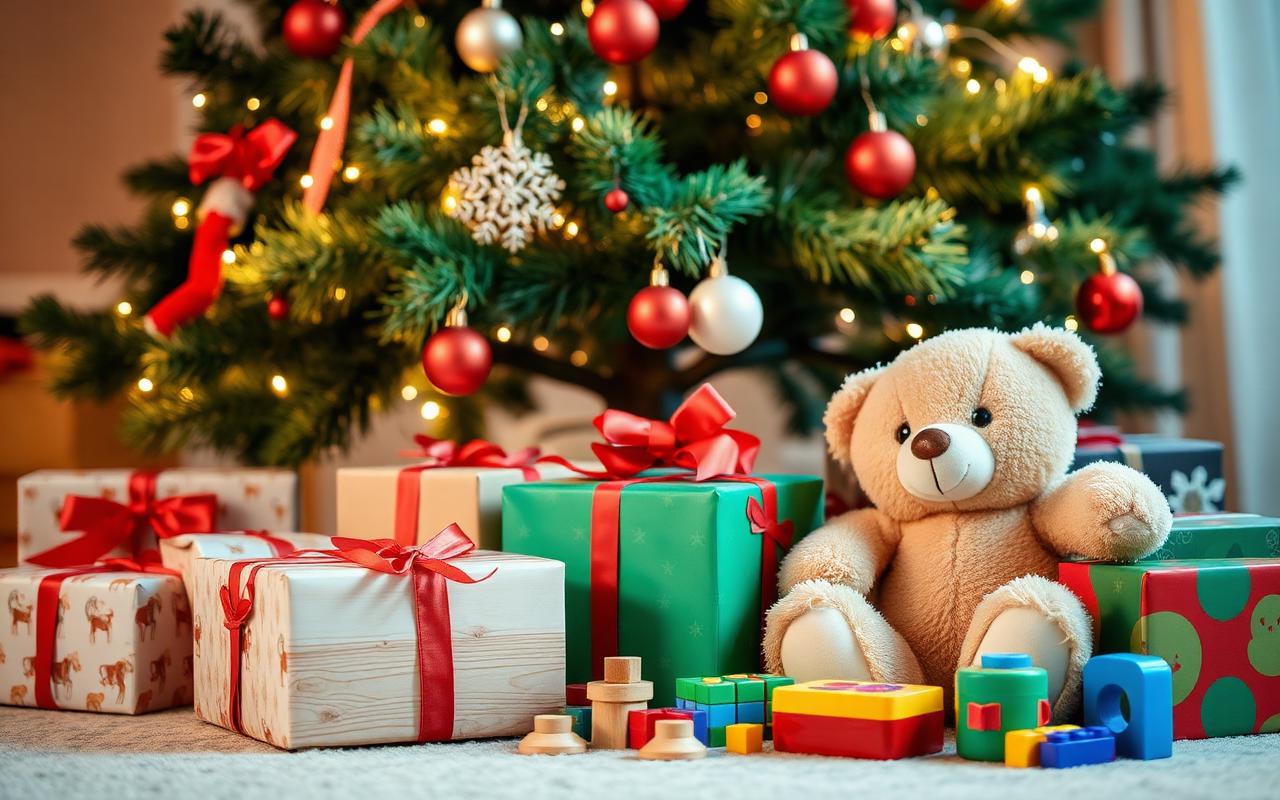 Christmas gifts for kids piled under a decorated tree with teddy bear and toys