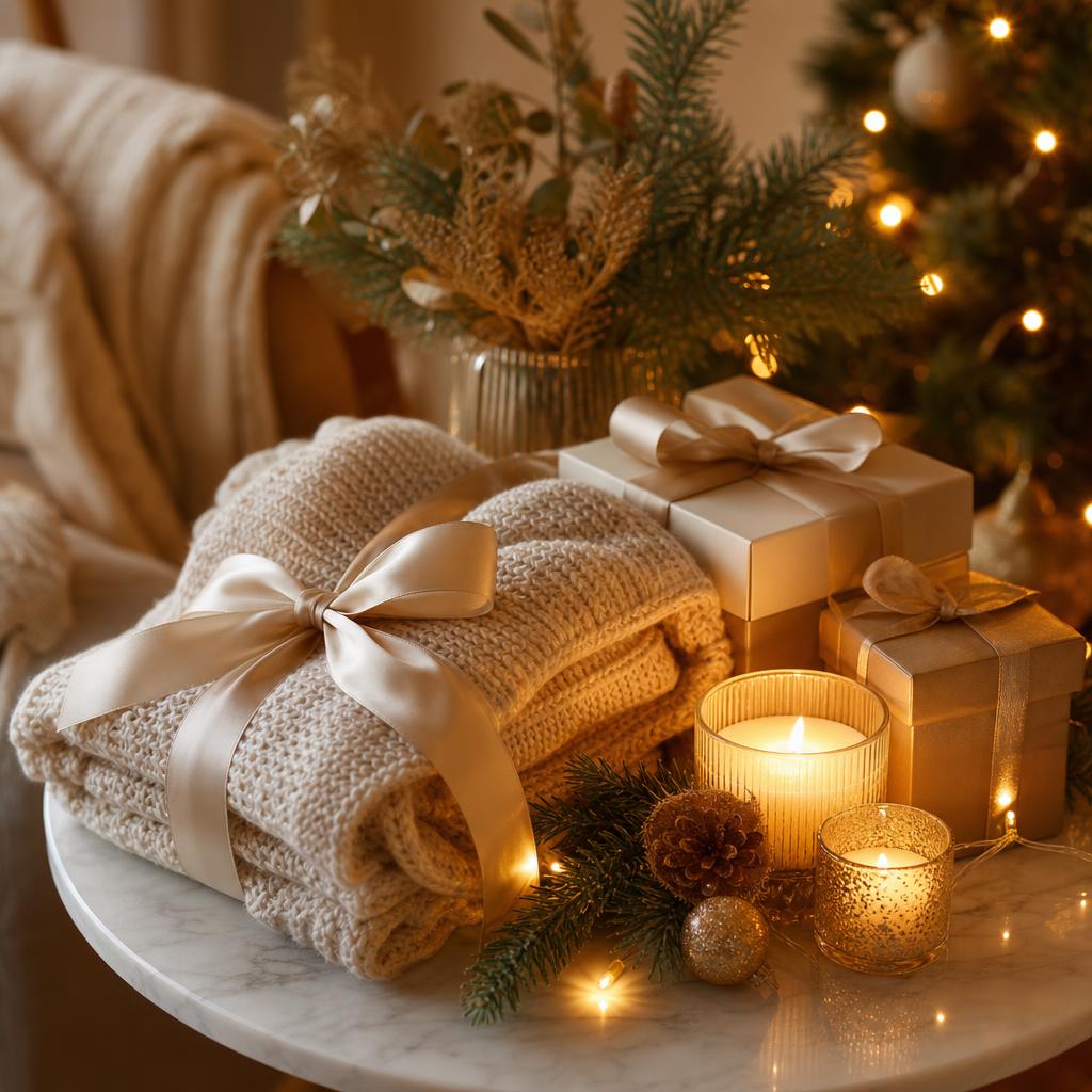 Cozy Christmas gifts for women with soft blanket, candle and warm lights