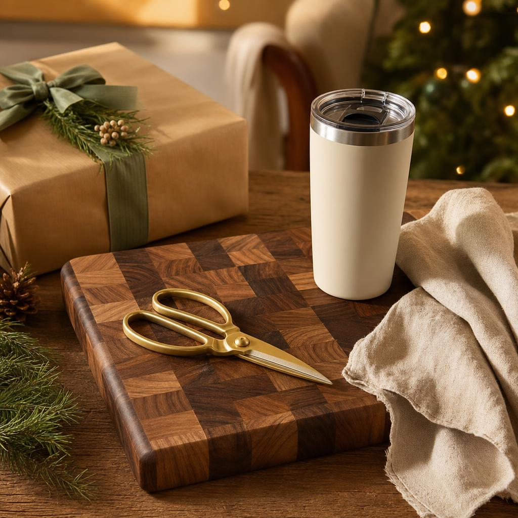 Practical Christmas gifts for mom arranged in a warm home setting