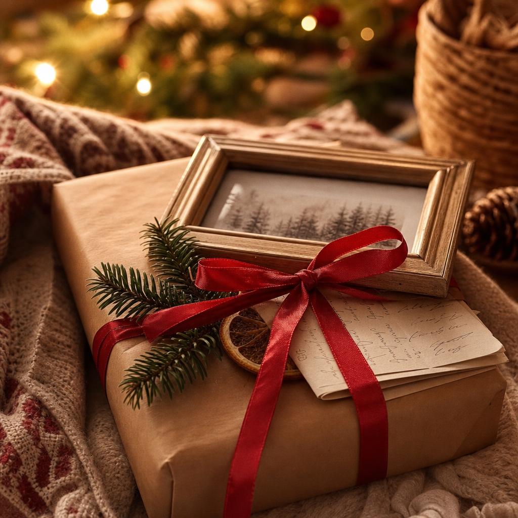 Sentimental Christmas gift with framed photo, ribbon and festive details