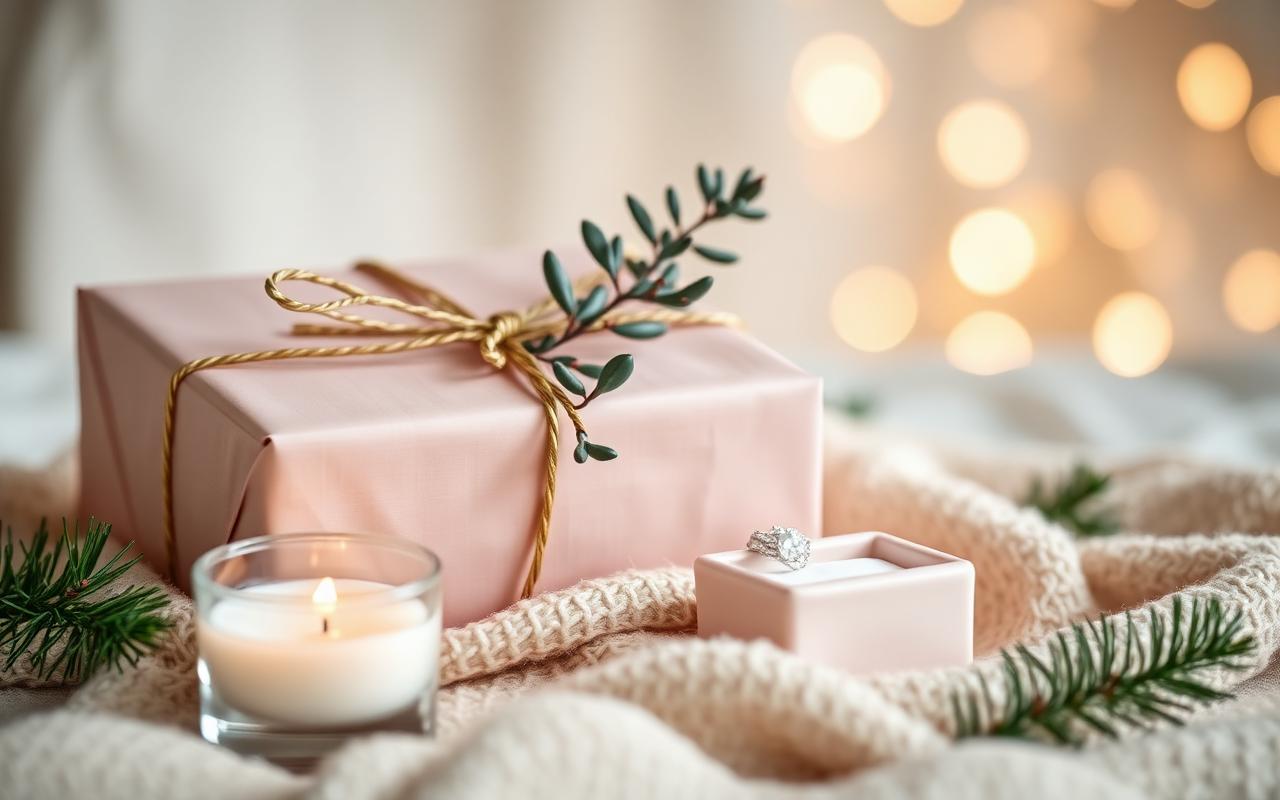 Elegant Christmas gift for mom wrapped in blush paper with eucalyptus and a candle