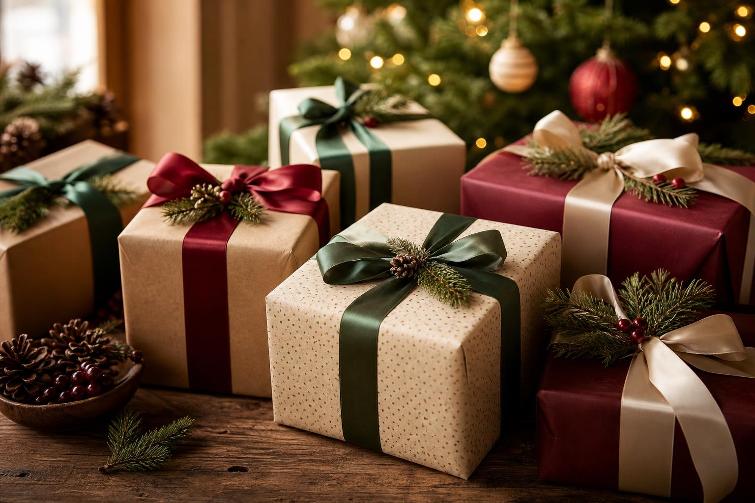 Wrapped Christmas gifts on a table near a decorated tree