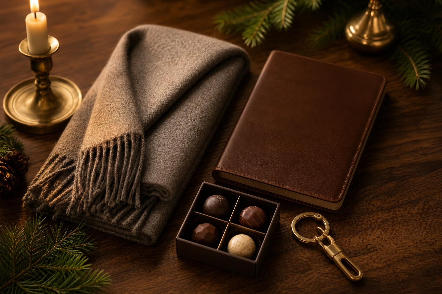 A folded cashmere scarf, leather notebook, small box of chocolates and brass keychain on warm walnut wood with pine sprigs