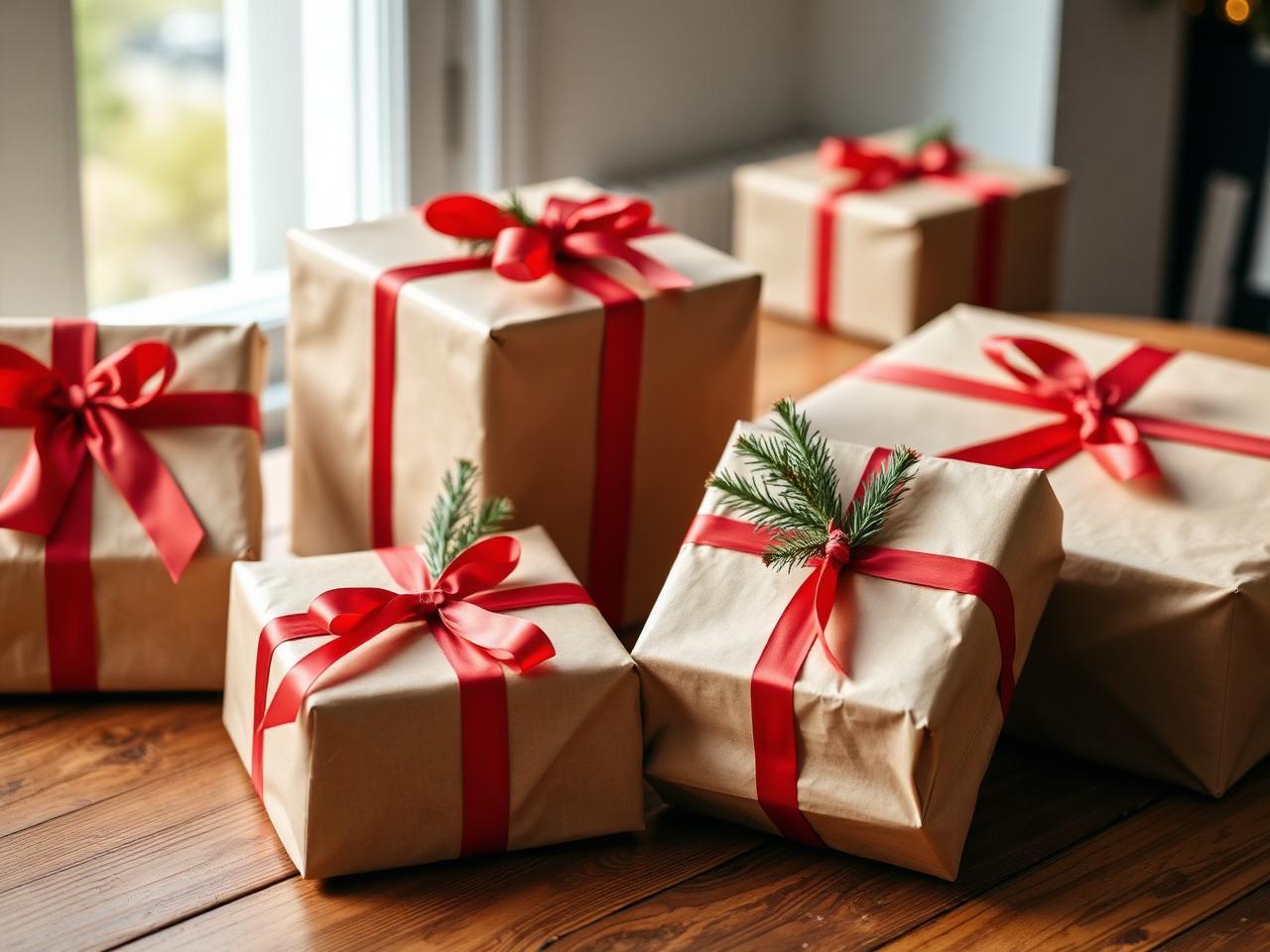 Wrapped Christmas gifts with red ribbon under a tree