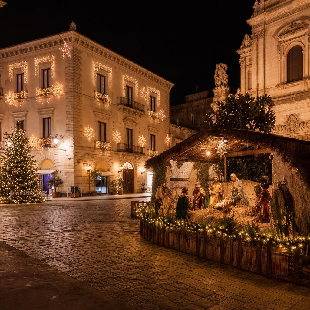 Cozy Italian Christmas scene with nativity and panettone