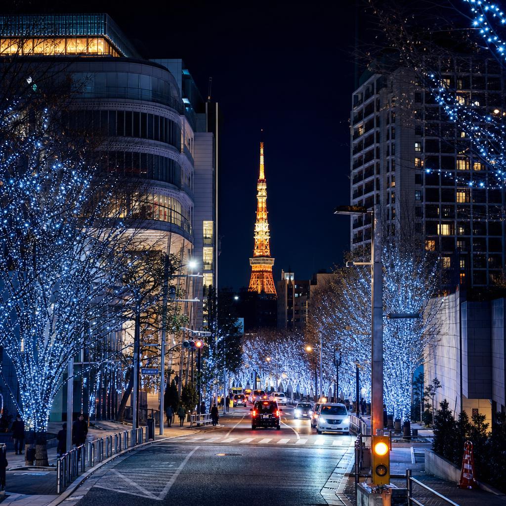 Japanese city Christmas illumination in winter evening
