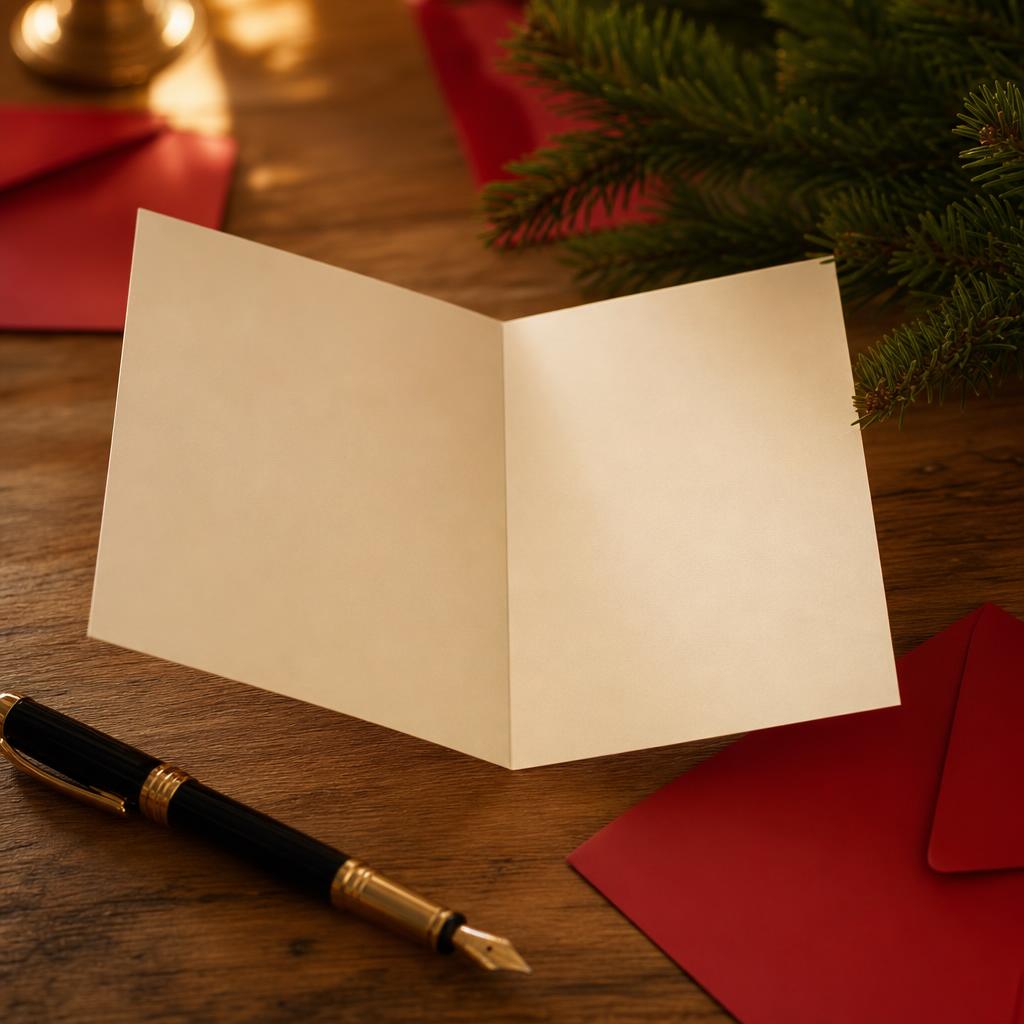 Phone on a festive tablecloth beside a mug and Christmas tree lights