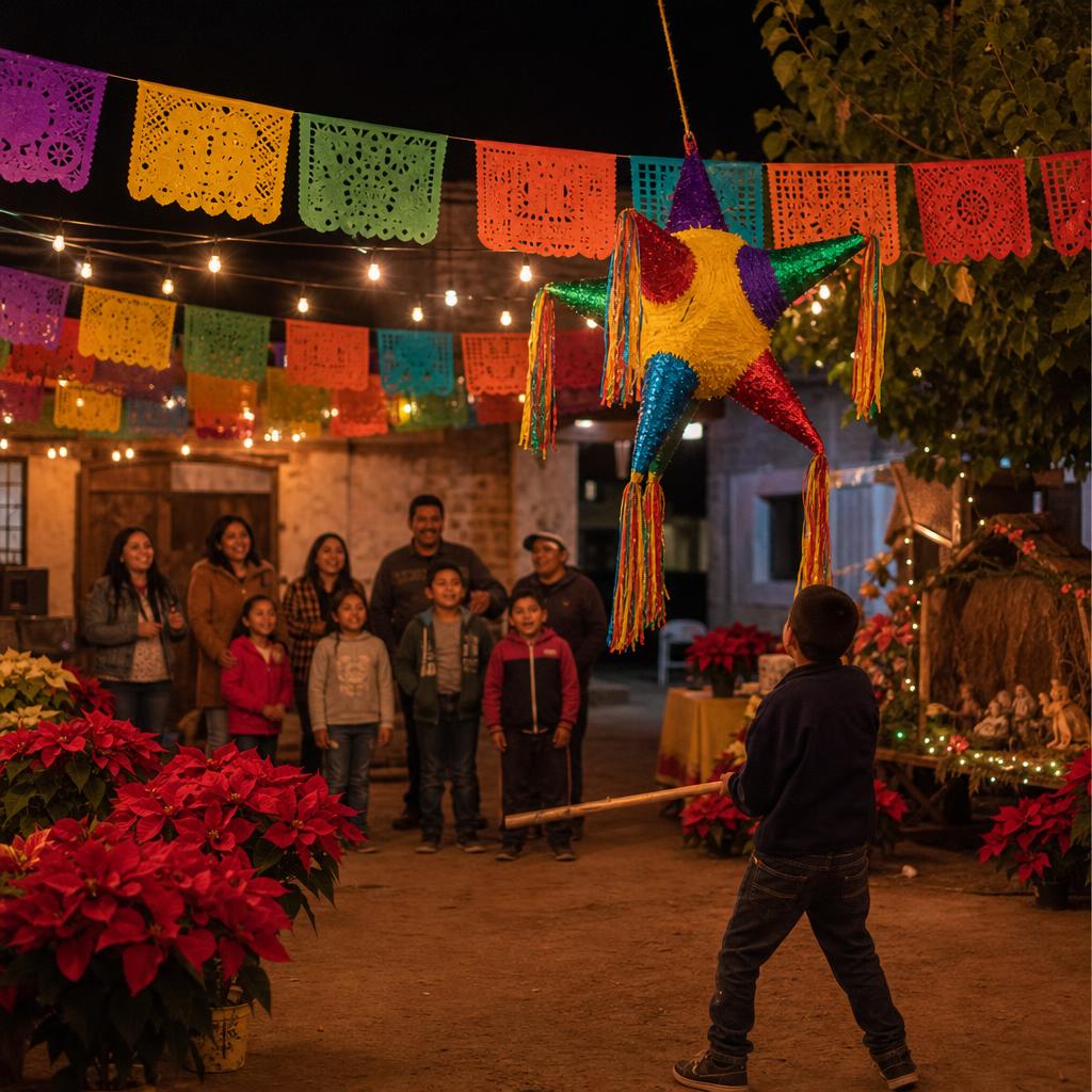 Mexican Christmas posada scene with poinsettias and warm lights