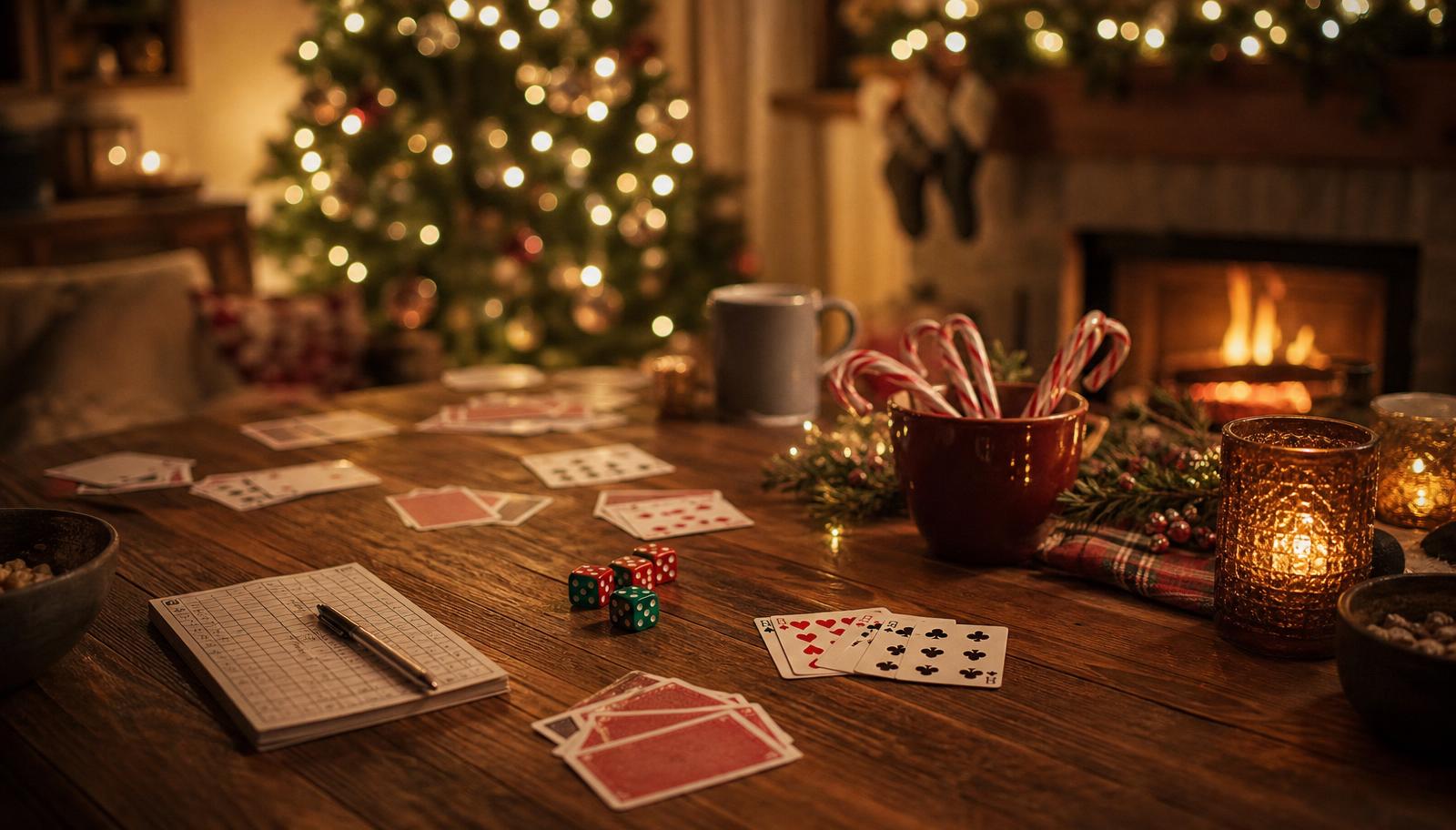 A festive table set for a Christmas game night