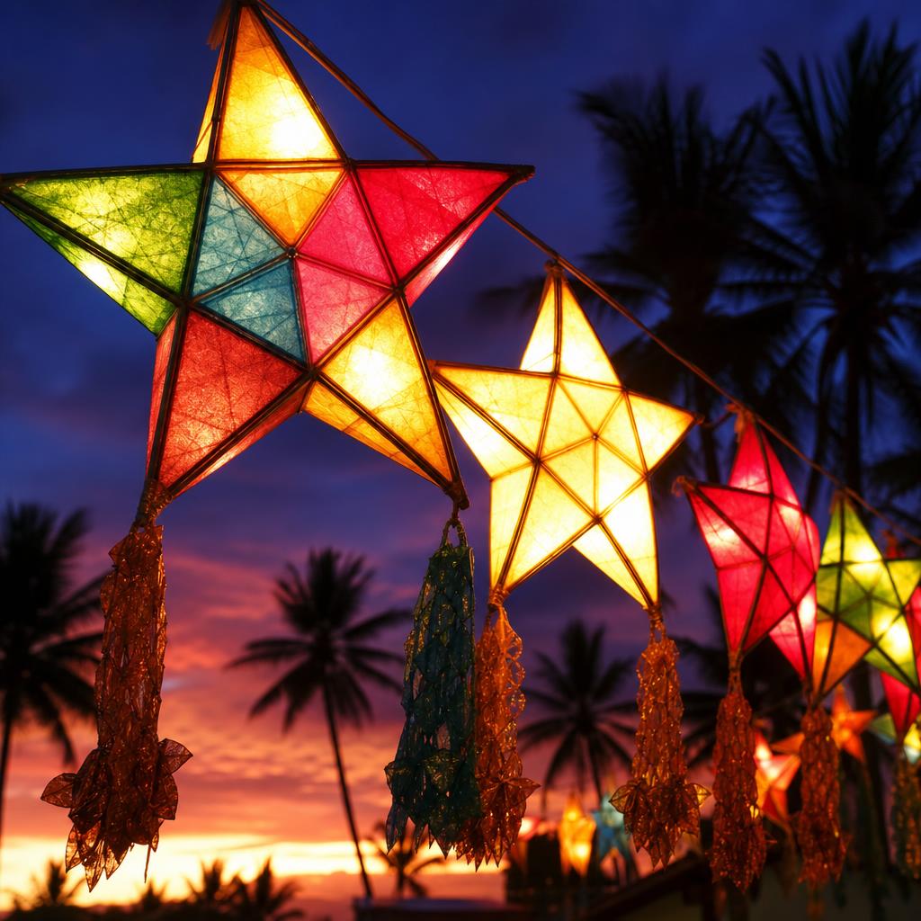 Filipino Christmas parol lanterns glowing against a tropical evening sky