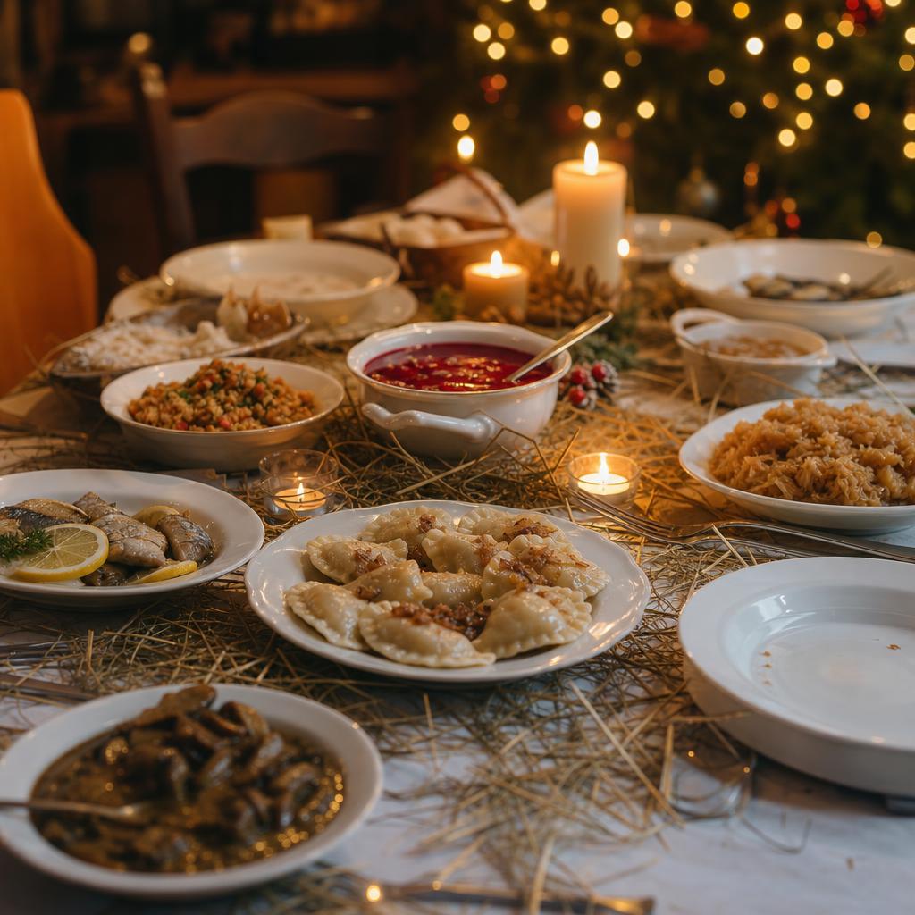 Polish Wigilia table with twelve dishes and a white tablecloth