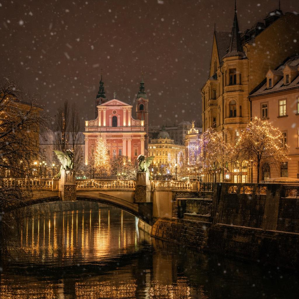 Festive Slovenian old town with warm Christmas lights