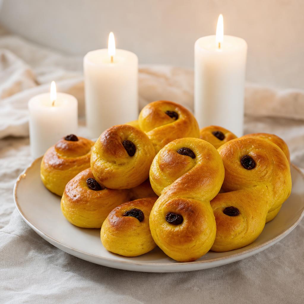 Swedish Christmas julbord with candles and saffron buns