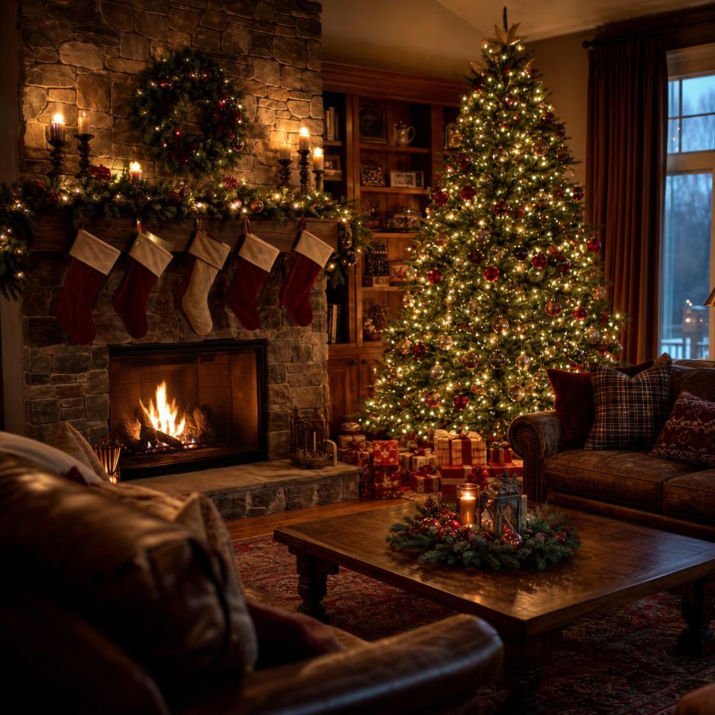 Cozy American Christmas fireplace with stockings and lights