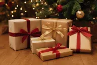 Five small wrapped Christmas gifts arranged in a row