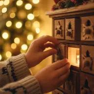 Child holding a handwritten countdown card by a lit Christmas tree