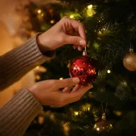 Living room being decorated with a lit Christmas tree and garlands
