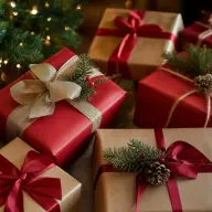 Wrapped Christmas gifts with ribbon ready to be labelled