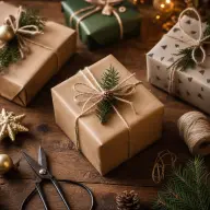 Christmas gifts, tags and wrapping paper laid out on a wooden floor