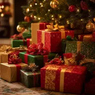 Christmas shopping bags and wrapped gifts beside a decorated tree