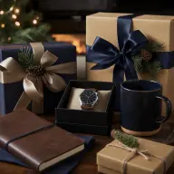 Christmas gift for dad wrapped in brown paper beside pine sprigs