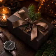 Christmas gift for husband wrapped in dark paper with gold twine