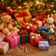 Colourful wrapped Christmas gifts for children under a lit tree
