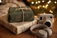 Wrapped teenage Christmas gifts stacked beside a lit tree
