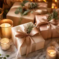 Christmas gift boxes and ribbon arranged on a linen cloth