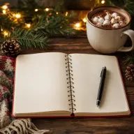 Handwritten Christmas gift list with names beside a mug of cocoa
