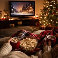 Family blanket and popcorn set up in front of a screen for a Christmas film night