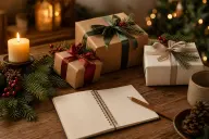 Notebook with a Christmas budget and gift list beside a warm mug