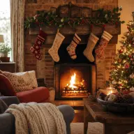 Front door of a home decorated with a Christmas wreath and warm lights