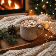 Cozy living room with blankets, candles and a warm drink in winter