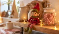 A felt elf doll perched on a kitchen shelf