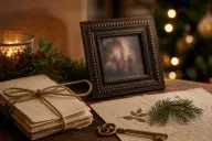 Handwritten note and printed photographs beside pine sprigs and ribbon