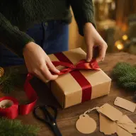 Gift card and small wrapped present on a table with fairy lights