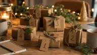 Group of wrapped Secret Santa gifts with numbered tags on a table