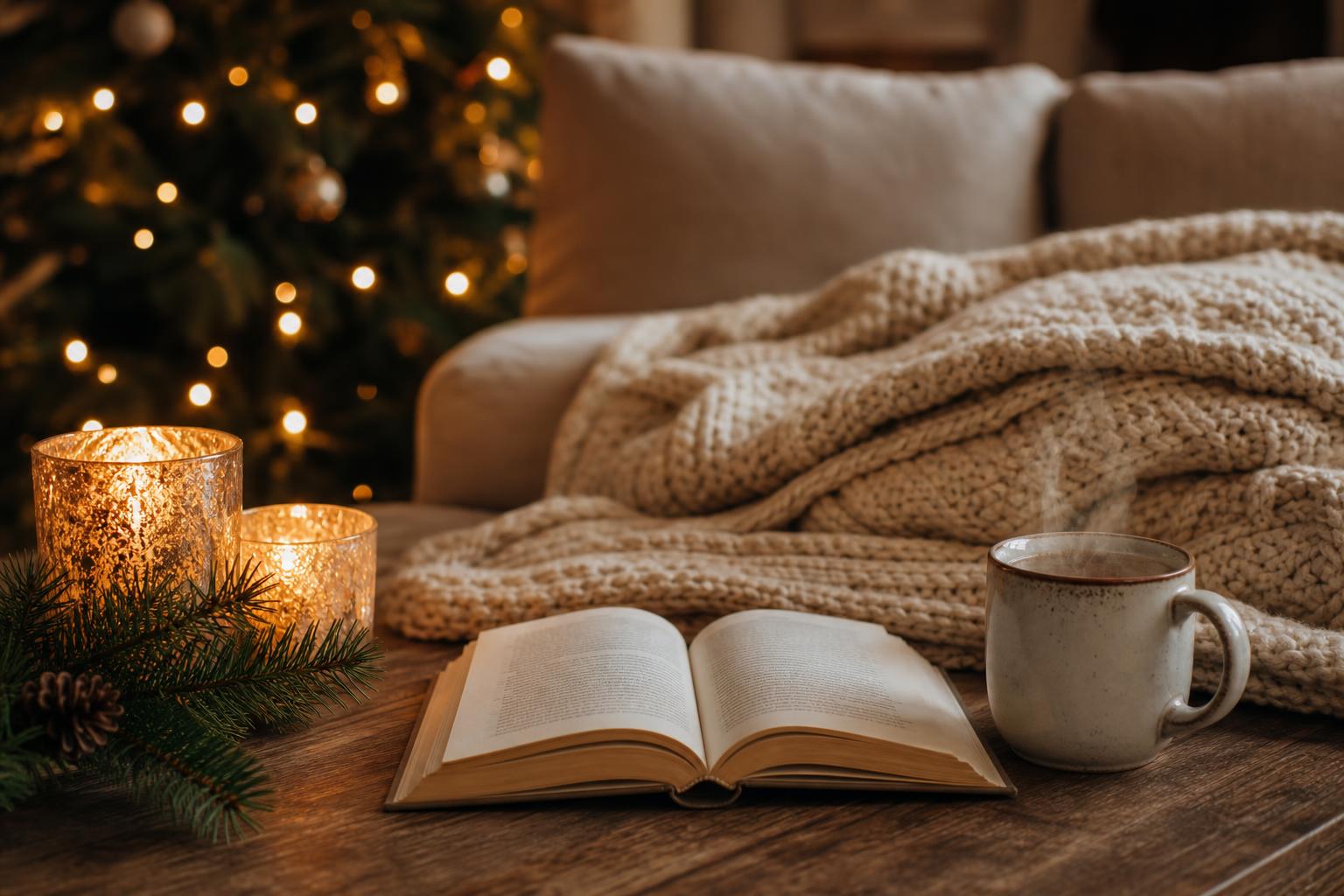 Cozy evening scene with candles, blanket, hardback book and warm mug by a Christmas tree