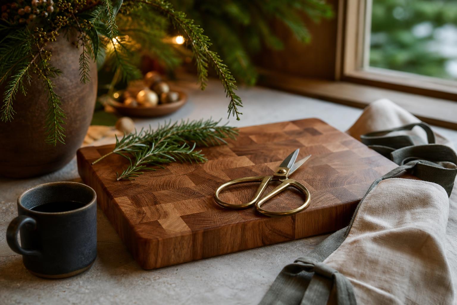 Practical home gift setup with end-grain chopping board and brass scissors