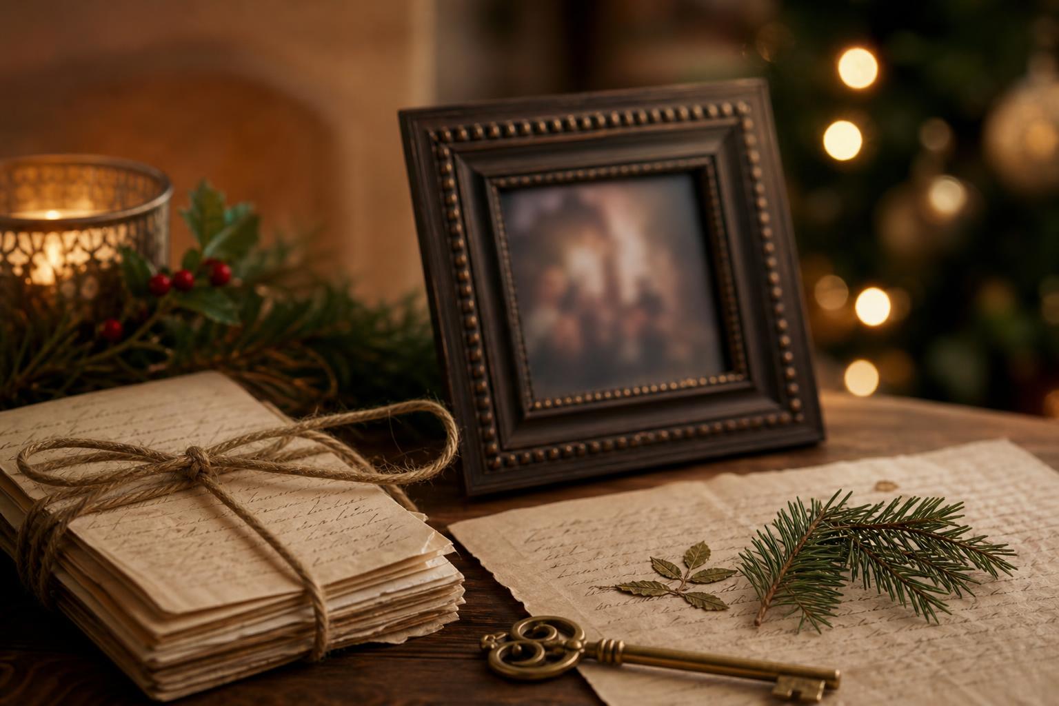 Framed photo, handwritten letters tied with twine, and a pine sprig