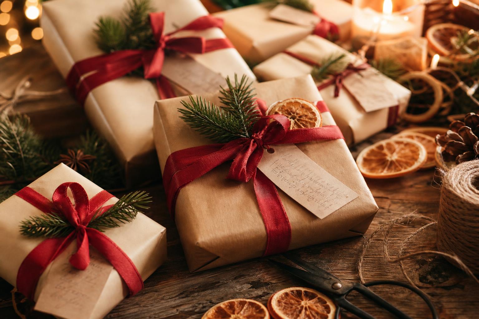 Christmas presents wrapped in kraft paper with red ribbons and pine sprigs