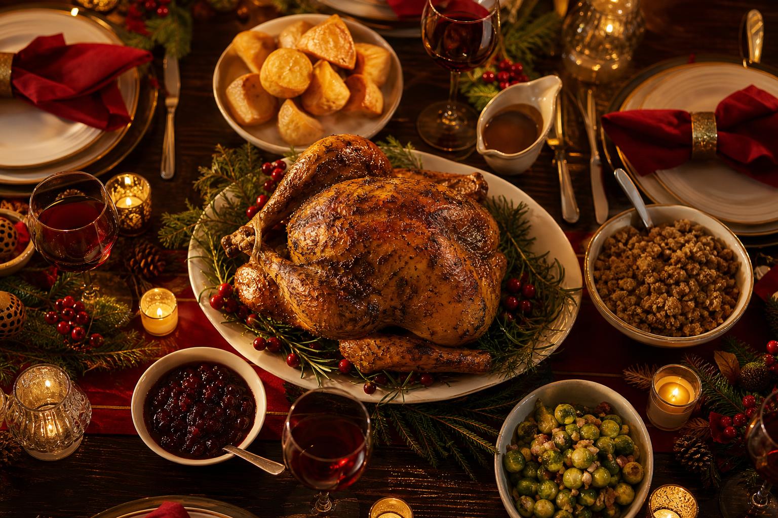 A laid Christmas Eve table with candles and a roast