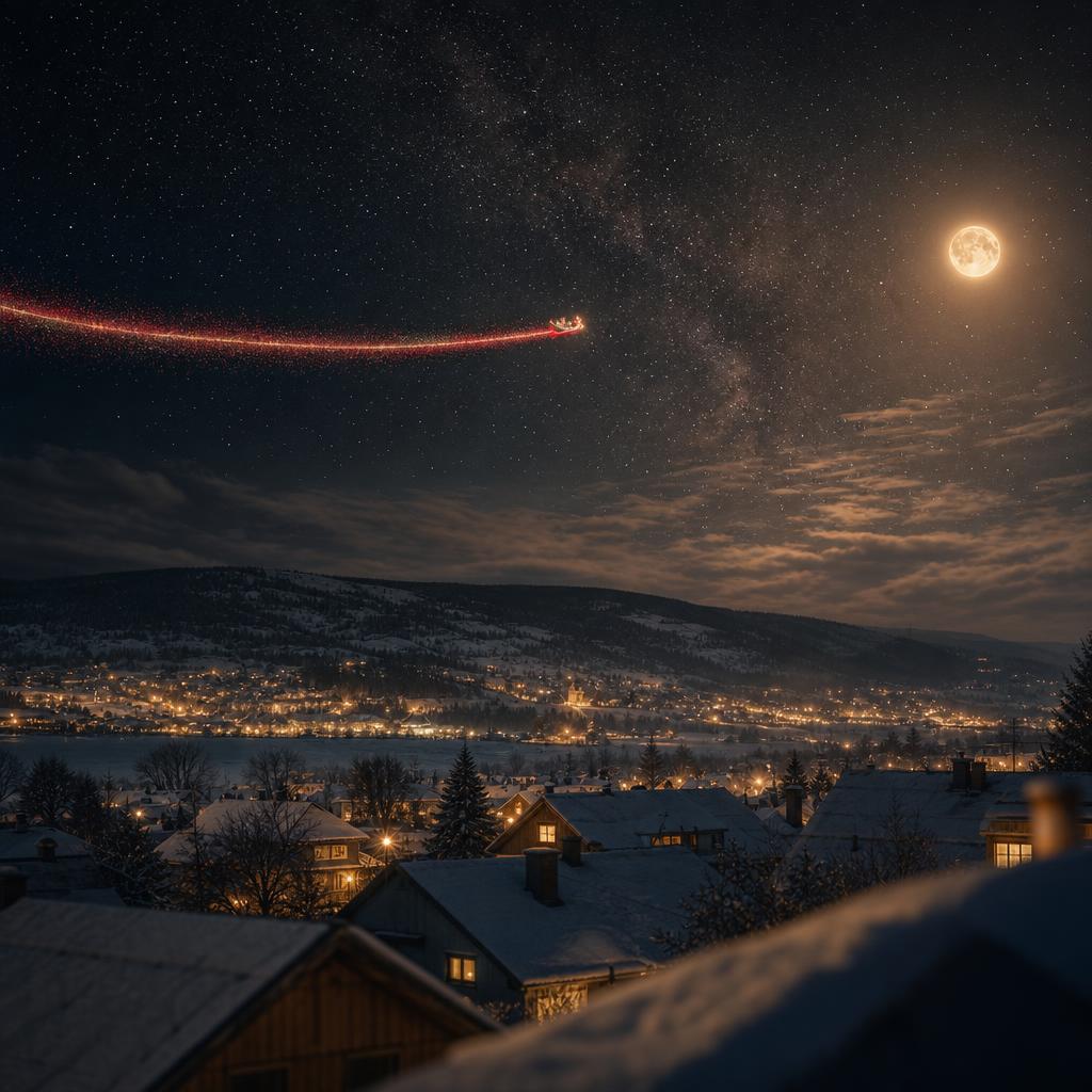 Snowy village rooftops at night with a glowing red sleigh trail across a starlit sky and a full moon