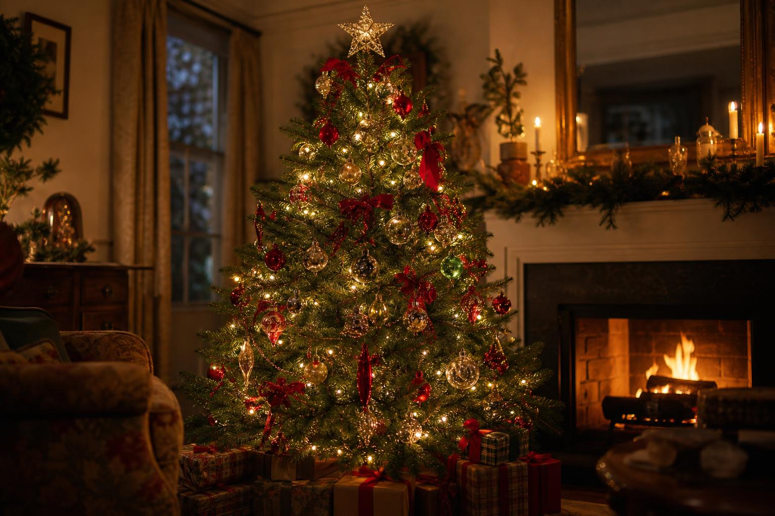 A glowing Christmas tree in a cozy living room